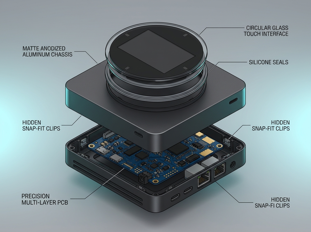 Vista explosionada del sistema modular Apex Hub — componentes DFM